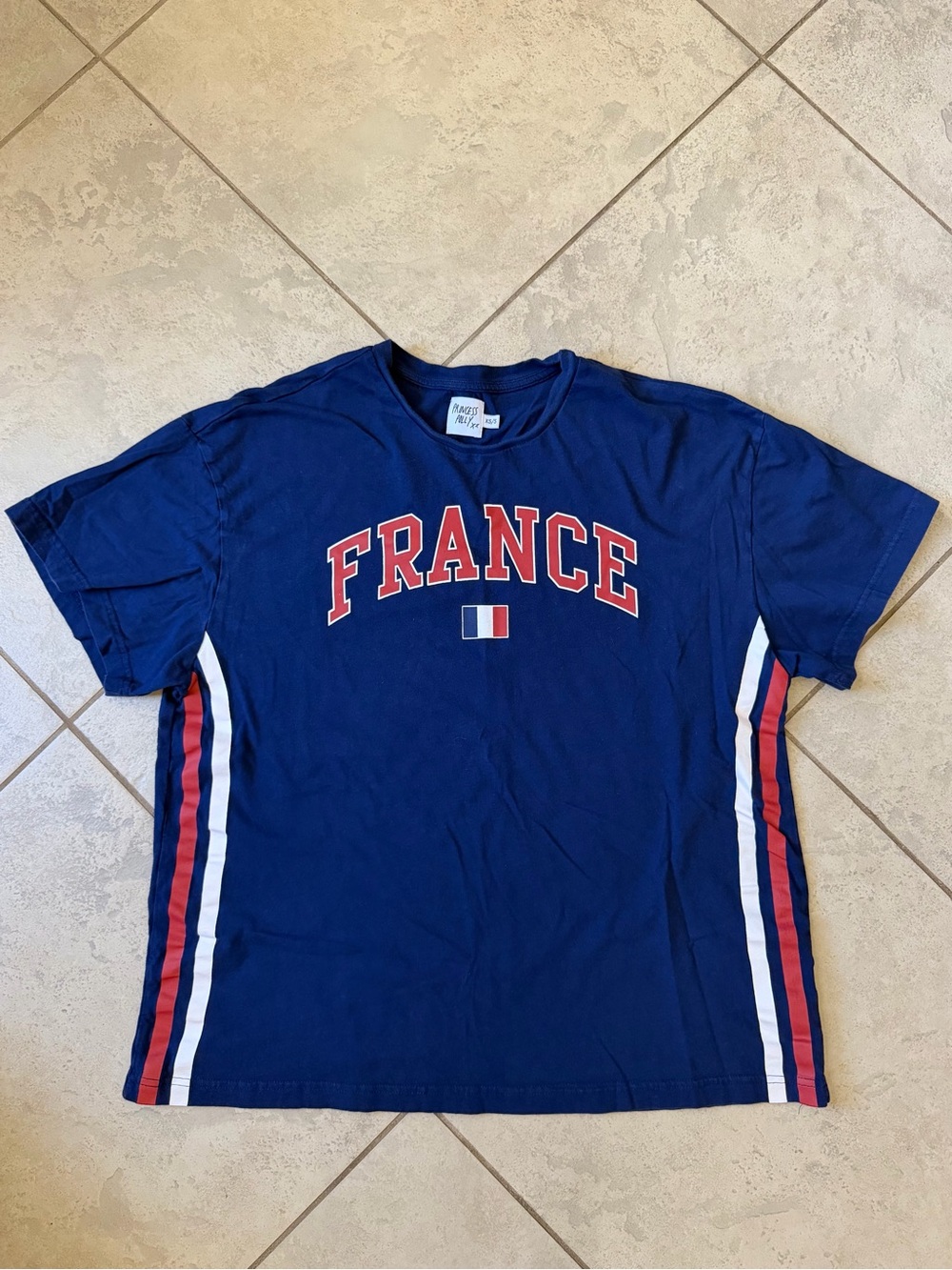 Princess Polly Navy Blue 'FRANCE' Graphic Tee with Red & White Stripes